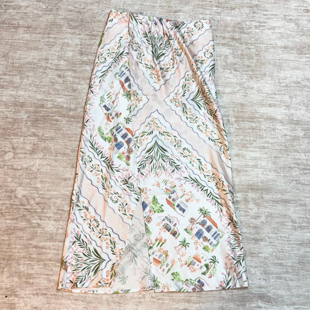 En Saison Womenâs Large Alicia Faux Wrap Skirt Satin Tropical Tuscan Print New